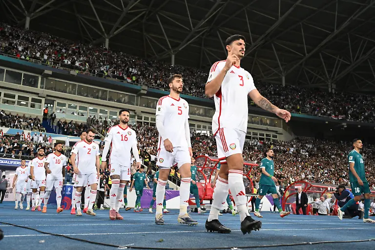 BASRA-IRAQ-NOVEMBER-18-Players-of-UAE-take-to-the-field-ahead-of-the-2026-FIFA-World-Cup-Asian-qualifiers-fifth-round-second-leg-match-between-Iraq-and-United-Arab-Emirates-at-Basra-International-Stadium-in-Basra-Iraq-on-November-18-2025