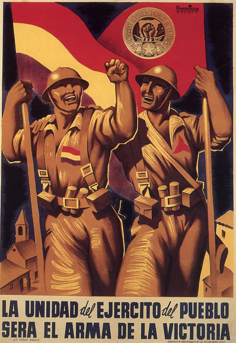 La-Unidad-del-Ejercito-Volksfront-Plakat-Spanischer-Buergerkrieg-1936-39-La-Unidad-del-Ejercito-del-Pueblo-Sera-el-Arma-de-la-Victoria-Plakat-das-den-Sieg-der-Volksfront-durch-die-Unterstuetzung-der-Internationalen-Brigaden-beschwoert-Farblithographie-1937-98-4-x-69-5-cm-Entwurf-Parrilla-Druck-Cromo-Madrid-Privatsammlung