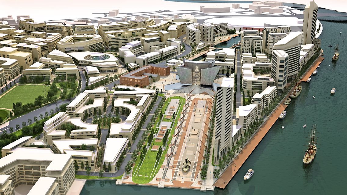 Computerbild der Helling (Vordergrund), auf der die Titanic einst gebaut wurde und eines Museums (M) im künftigen Titanic-Viertel im Hafen von Belfast