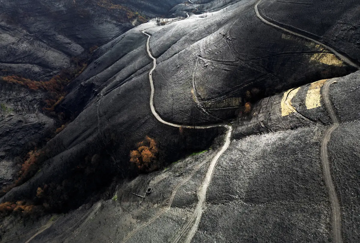 A-general-view-shows-patches-of-hay-called-Mulching-on-top-of-burned-soil-to-reduce-water-runoff-with-ash-and-prevent-soil-loss-placed-by-volunteers-above-a-spring-after-a-wildfire-in-August-in-the-municipality-of-Villamartin-de-Valdeorras-in-the-Serra-do-Larouco-Galicia-Spain-November-7-2025