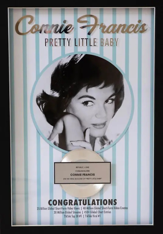 A-plaque-presented-to-Connie-Francis-at-her-home-in-Parkland-Florida-on-June-6-2025-commemorates-the-viral-success-of-her-1962-song-aPretty-Little-Babya-on-TikTok-and-streaming-platforms-in-the-spring-of-2025-Al-Diaz-Miami-Herald-TNS-ABACAPRESS