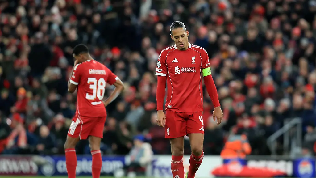 RECORD-DATE-NOT-STATED-26th-November-2025-Anfield-Liverpool-Merseyside-England-UEFA-Champions-League-Football-Liverpool-versus-PSV-Eindhoven-Virgil-van-Dijk-of-Liverpool-and-his-team-mates-show-their-dejection-after-PSV-x2019s-fourth-goal-PUBLICATIONxNOTxINxUK-DavidxBlunsden