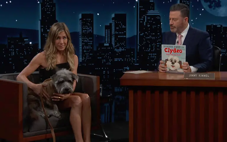 Jennifer-Aniston-on-the-talk-show-Jimmy-Kimmel-Live-Pictures-must-credit-ABC-Friends-star-Jennifer-Aniston-brought-her-pet-rescue-dog-on-a-TV-talk-show-to-talk-about-a-book-he-inspired-her-to-write-The-childrens-book-called-Clydeo-Takes-A-Bite-Out-of-Life-is-a-story-based-on-the-pooch-named-Clyde-Wearing-a-black-leather-mini-dress-Jennifer-55-sat-next-to-him-on-the-couch-as-she-chatted-to-host-Jimmy-Kimmel-Earlier-she-also-played-a-game-of-true-or-false-as-Kimmel-56-ran-through-some-newspaper-and-magazine-stories-about-her-And-one-that-she-confessed-was-accurate-was-that-she-once-had-a-salmon-sperm-facial-ABC-via-JLPPA-Bestimage-PUBLICATIONxINxGERxAUTxSUIxONLY-Copyright-xJLPPAx-xBestimagexJLPPAx-xBestimagex