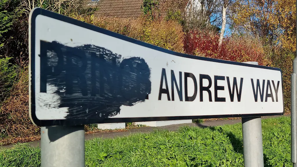 A-Prince-Andrew-Way-street-sign-is-seen-in-Carrickfergus-Northern-Ireland-Monday-Nov-24-2025-as-County-Antrim-Mid-and-East-Antrim-Council-will-debate-a-proposal-to-change-the-name-of-the-street