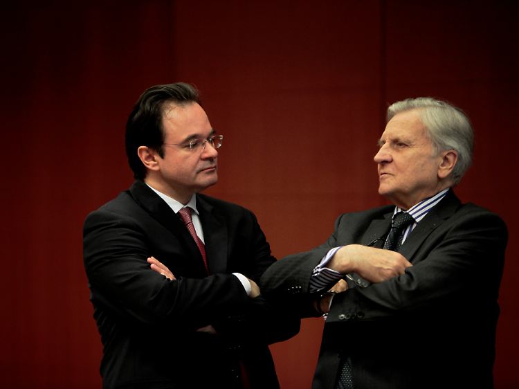 Gespräch in Brüssel MItte März: Giorgios Papakonstantinou und Jean-Claude Trichet (rechts).