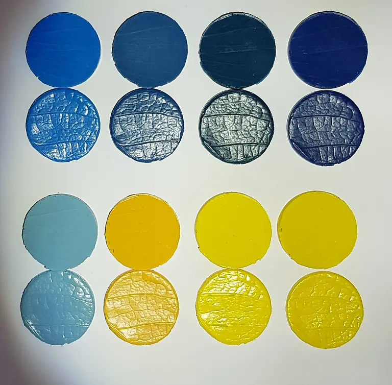 HANDOUT-VERWENDUNG-NUR-IN-ZUSAMMENHANG-MIT-DER-STUDIE-Caption-Artificial-stimuli-used-in-experiments-various-blue-and-yellow-colours-Credit-Dietz-et-al-Sci-Adv-11-eadz9010-Usage-Restrictions-Please-cite-the-owner-of-the-material-when-publishing-This-material-may-be-freely-used-by-reporters-as-part-of-news-coverage-with-proper-attribution-This-material-may-not-be-modified-or-altered-License-Original-content-Quelle-https-www-eurekalert-org-news-releases-1107087-https-www-eurekalert-org-news-releases-1106810-Foto-Dietz-et-al-Sci-Adv