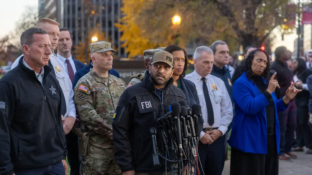 251126-WASHINGTON-Nov-26-2025-Xinhua-FBI-Director-Kash-Patel-front-speaks-during-a-press-conference-following-the-shooting-of-two-U-S-National-Guard-members-near-the-White-House-in-Washington-D-C-the-United-States-on-Nov-26-2025-Two-U-S-National-Guard-members-were-shot-near-the-White-House-on-Wednesday-and-a-suspect-is-in-custody-according-to-local-authorities