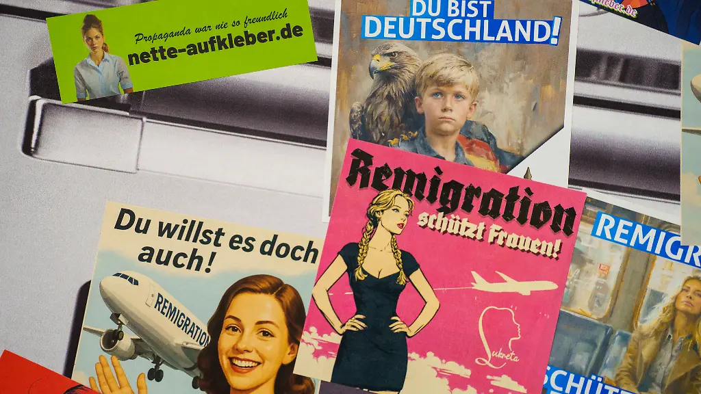 Auf-der-Gruendungsveranstaltung-der-AfD-Jugendorganisation-werden-Aufkleber-unter-anderem-mit-der-Aufschrift-Remigration-schuetzt-Frauen-angeboten-Die-als-gesichert-rechtsextremistisch-eingestufte-Vorgaengerin-Junge-Alternative-hatte-sich-durch-Selbstbeschluss-aufgeloest-Auf-der-Gruendungsveranstaltung-in-den-Hessenhallen-sollen-auch-die-beiden-Co-Bundesvorsitzenden-sprechen