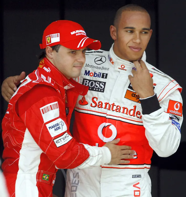 Brazilian-Formula-One-driver-Felipe-Massa-of-Ferrari-L-and-British-Formula-One-driver-Lewis-Hamilton-celebrate-each-other-after-qualifying-session-in-Istanbul-Turkey-on-10-May-2008-Massa-got-pole-Kovalainen-second-and-Hamilton-third-position-The-Formula-One-Grand-Prix-of-Turkey-will-take-place-at-the-Istanbul-Park-circuit-on-Sunday-11-05