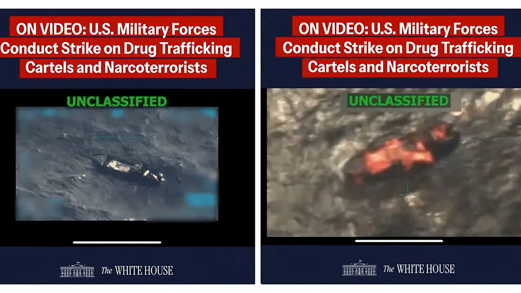FILE-PHOTO-A-combination-image-shows-two-screen-captures-from-a-video-posted-on-the-X-account-of-The-White-House-on-September-15-2025-depicting-what-U-S-President-Donald-Trump-said-was-a-U-S-military-strike-on-a-Venezuelan-drug-cartel-vessel-that-had-been-on-its-way-to-the-United-States-the-second-such-strike-carried-out-against-a-suspected-drug-boat-in-recent-weeks-The-White-House-Handout-via-REUTERS-THIS-IMAGE-HAS-BEEN-SUPPLIED-BY-A-THIRD-PARTY-IMAGE-BLURRED-AT-SOURCE-Verification-lines-Reuters-checked-the-footage-through-our-AI-detection-tool-and-found-no-evidence-of-manipulation-however-the-footage-is-partly-blurred-making-it-impossible-to-confirm-if-the-video-is-manipulated-Thorough-verification-is-an-ongoing-process-and-Reuters-will-continue-to-review-the-footage-as-more-information-becomes-available