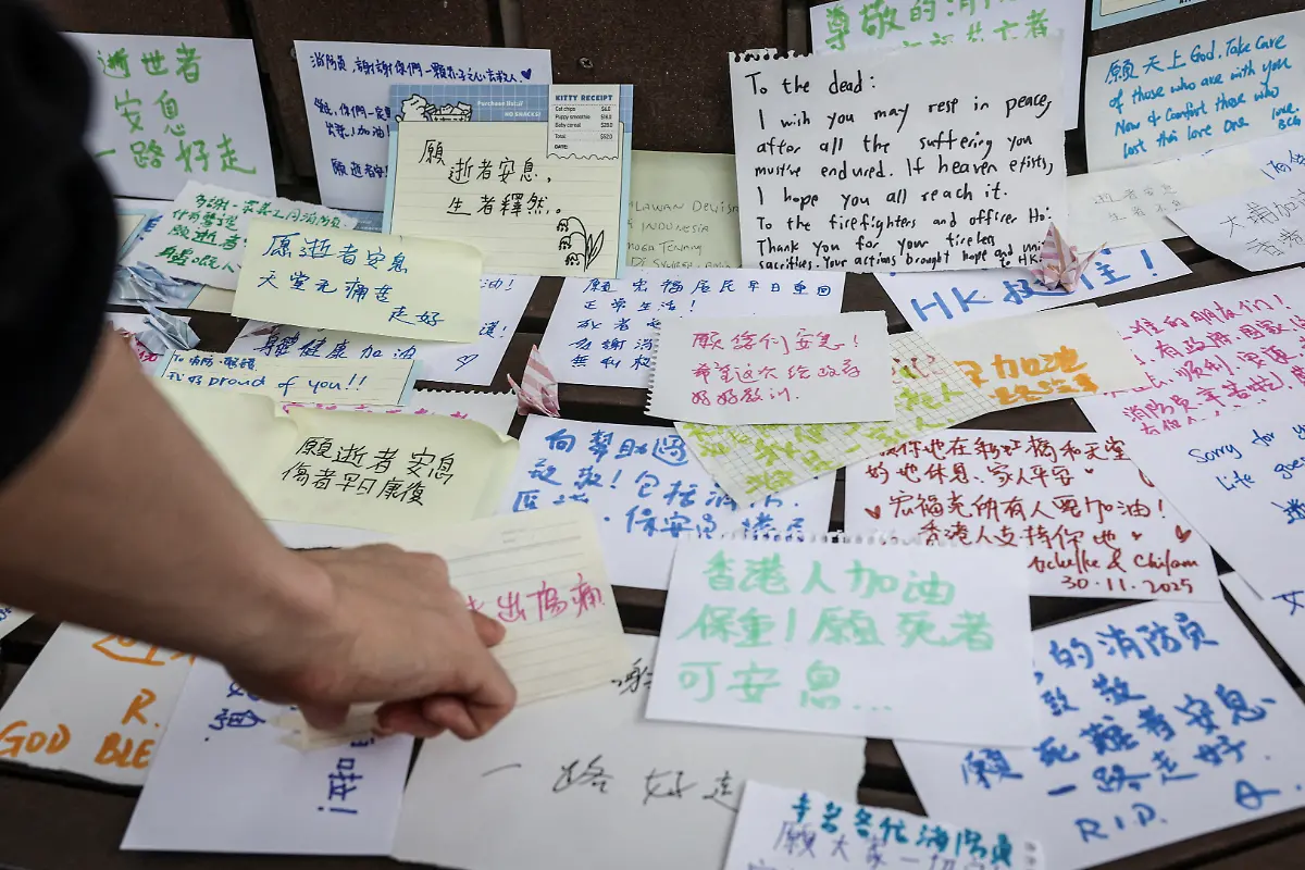 People-leave-notes-with-well-wishes-for-those-affected-by-the-deadly-fire-at-the-Wang-Fuk-Court-housing-complex-in-Tai-Po-Hong-Kong-China-November-30-2025-REUTERS-Tyrone-Siu-SEARCH-HONG-KONG-FIRE-PICTURE-FOR-THIS-STORY-SEARCH-WIDER-IMAGE-FOR-ALL-STORIES