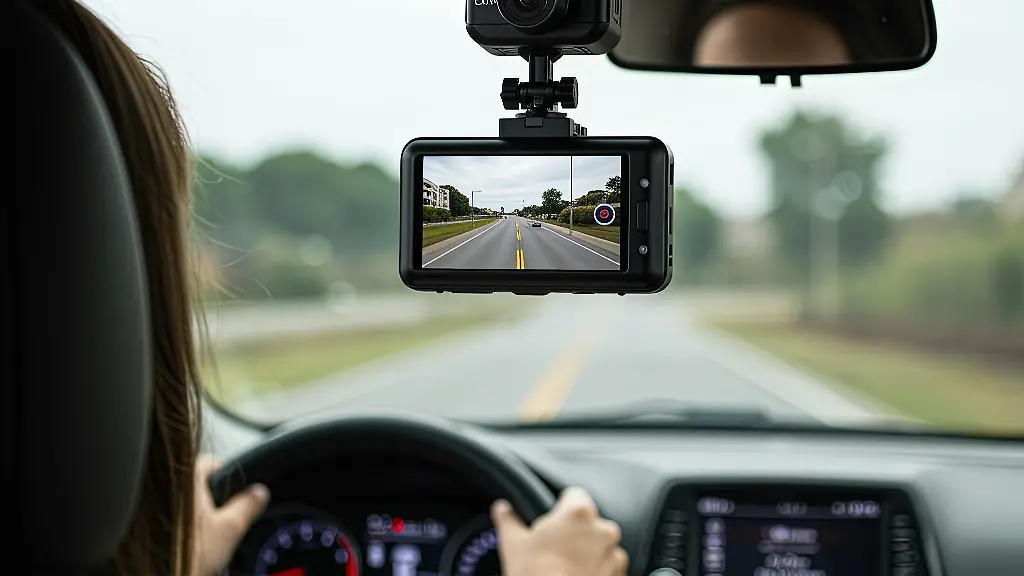 Frau-faehrt-Auto-mit-sichtbarer-Dashcam
