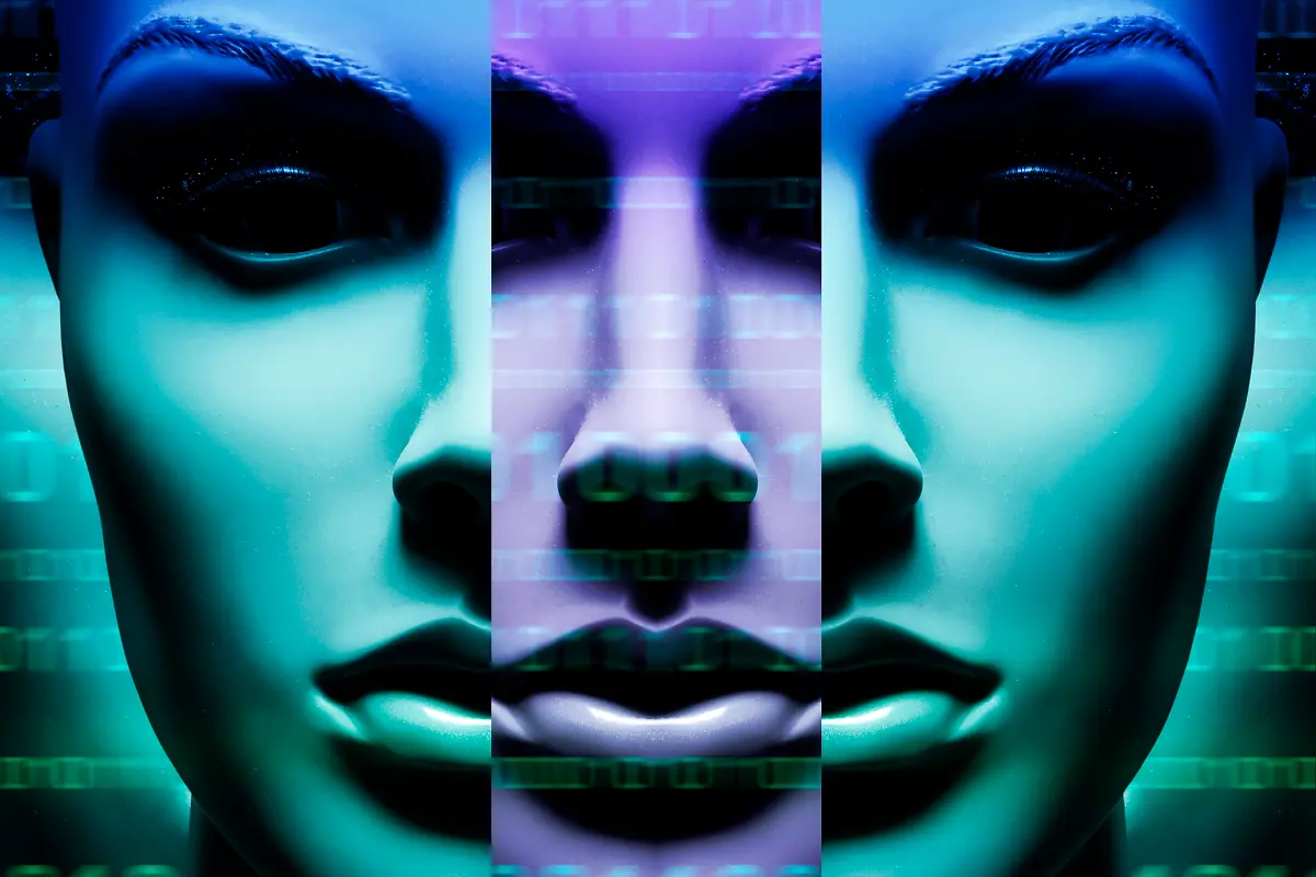 FOTOMONTAGE-Frauenfigur-mit-Binaercode-Symbolfoto-kuenstliche-Intelligenz