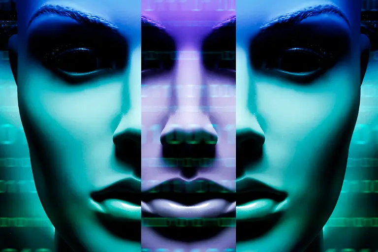 FOTOMONTAGE-Frauenfigur-mit-Binaercode-Symbolfoto-kuenstliche-Intelligenz