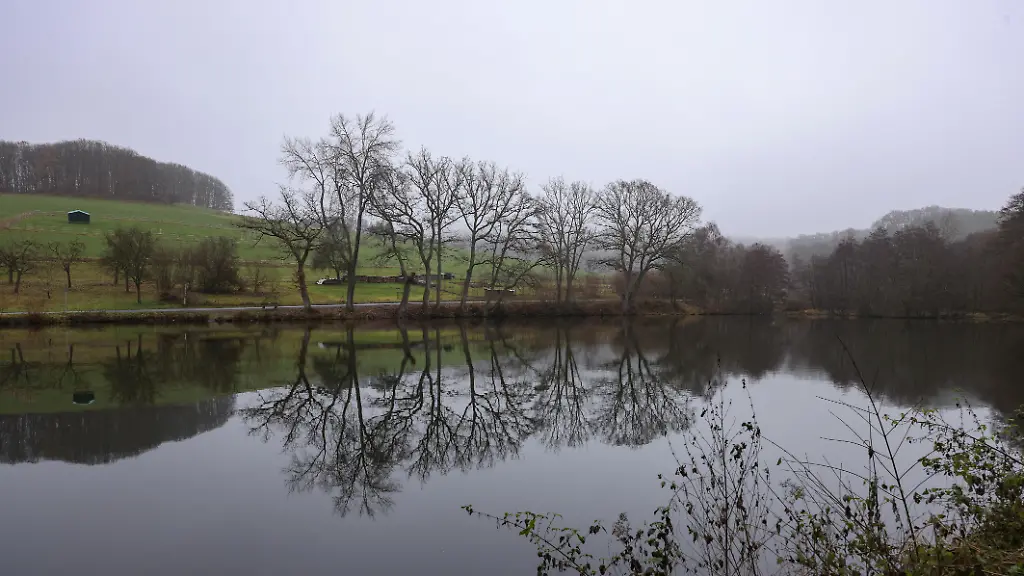 Ein-Trister-Vormittag-im-Siegerland-Die-kahlen-Baeume-Baeume-spiegeln-sich-im-Buescher-Buescher-Weiher-und-der-Himmel-ist-grau-Herbst-im-Siegerland-am-04-12-2025-in-Freudenberg-Deutschland