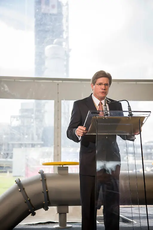 IMAGE-DISTRIBUTED-FOR-RELIANT-Hilcorp-Energy-CEO-Jeffery-D-Hildebrand-speaks-at-the-valve-turning-ceremony-for-the-Petra-Nova-carbon-capture-and-enhanced-oil-recovery-system-on-Thursday-April-13-2017-in-Fort-Bend-County-southwest-of-Houston-Petra-Nova-a-50-50-joint-venture-by-NRG-Energy-and-JX-Nippon-Oil-Gas-Exploration-captures-more-than-90-percent-of-CO2-from-a-240-MW-equivalent-slipstream-of-flue-gas-off-an-existing-coal-fueled-electrical-generating-unit-at-the-WA-Parish-power-plant-and-uses-it-to-increase-oil-production-at-a-mature-oil-field-owned-by-Petra-Nova-and-Hilcorp-Energy