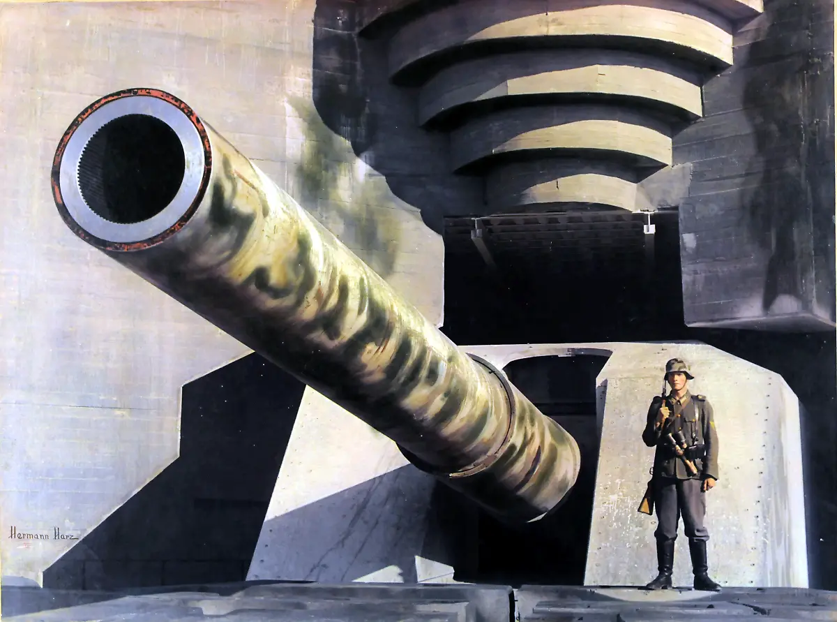 View-of-a-massive-piece-of-German-coastal-artillery-in-a-concrete-casement-on-the-Atlantic-Wall-France-early-1940s