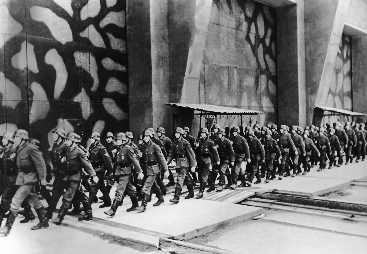 FRANCE-APRIL-27-A-Group-Of-German-Soldiers-Exiting-The-Shelters-On-Their-Way-To-A-New-Position-On-The-Atlantic-Wall-On-April-27-1944-Erected-In-1941-The-Atlantic-Wall-Stretched-Discontinuously-Along-The-Northern-Sea-The-English-Channel-And-The-Atlantic-Ocean