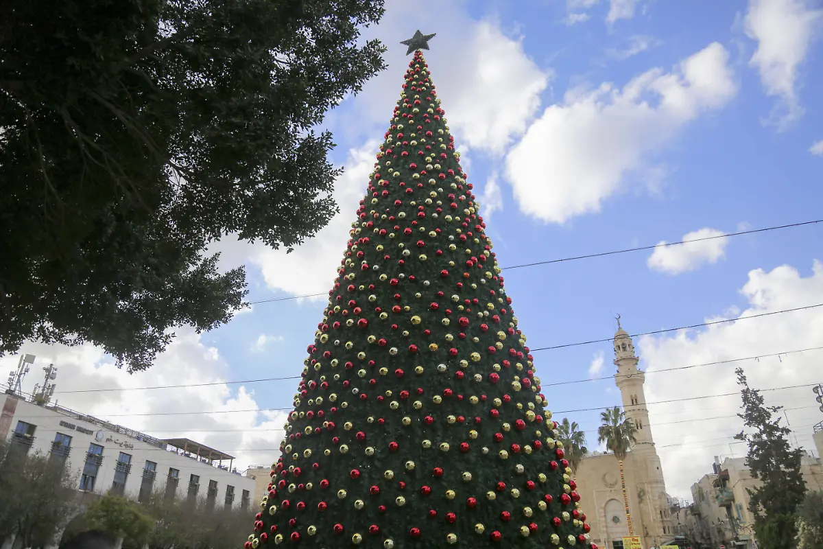 A-view-of-a-large-decorated-Christmas-tree-placed-near-a-church-in-Bethlehem-in-the-occupied-West-Bank-on-December-1-2025-as-Christmas-celebrations-resume-in-the-city-after-a-two-year-hiatus-caused-by-the-war-Preparations-for-the-holiday-take-place-amid-an-ongoing-ceasefire-between-Israel-and-Hamas