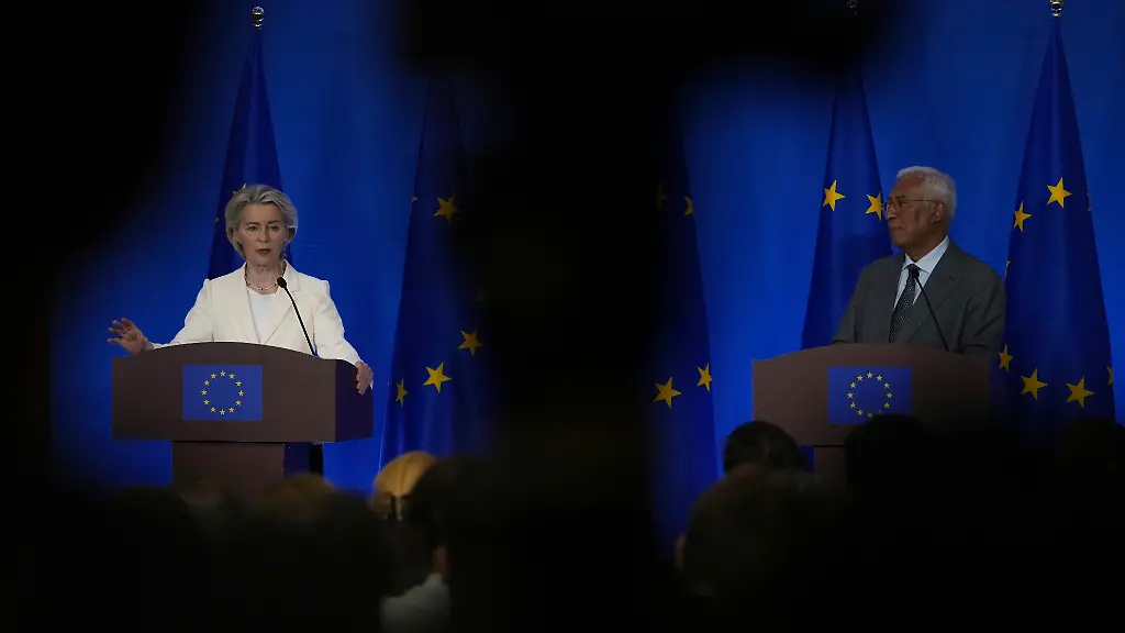 President-of-the-European-Commission-Ursula-von-der-Leyen-left-speaks-during-a-press-conference-with-President-of-the-European-Council-Antonio-Costa-after-attending-the-China-EU-Summit-with-Chinese-leaders-in-Beijing-Thursday-July-24-2025