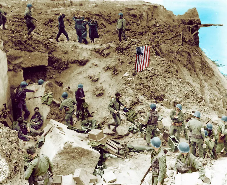 WW-II-historical-war-world-war-second-world-war-operation-Overlord-Overlord-invasion-allies-Allied-Forces-cliffs-Pointe-du-Hoc-June-1944-German-Nazi-National-Socialist-prisoners-American-flag-banner-Omaha-Beach-Normandy-France-Europe