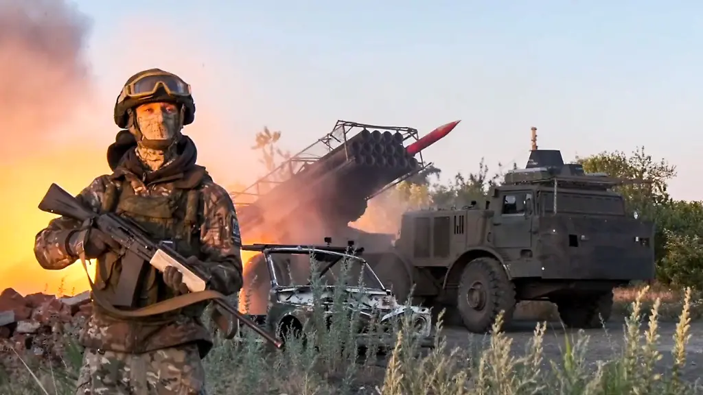 JULY-6-2025-Seen-in-this-video-screen-grab-is-a-Russian-Army-Group-Centre-crew-using-an-Uragan-multiple-rocket-launcher-to-spread-leaflets-calling-for-surrender-over-the-positions-of-the-Armed-Forces-of-Ukraine-in-the-Krasnoarmeisk-sector-of-the-frontline-of-the-zone-of-Russiaas-special-military-operation-Video-grab