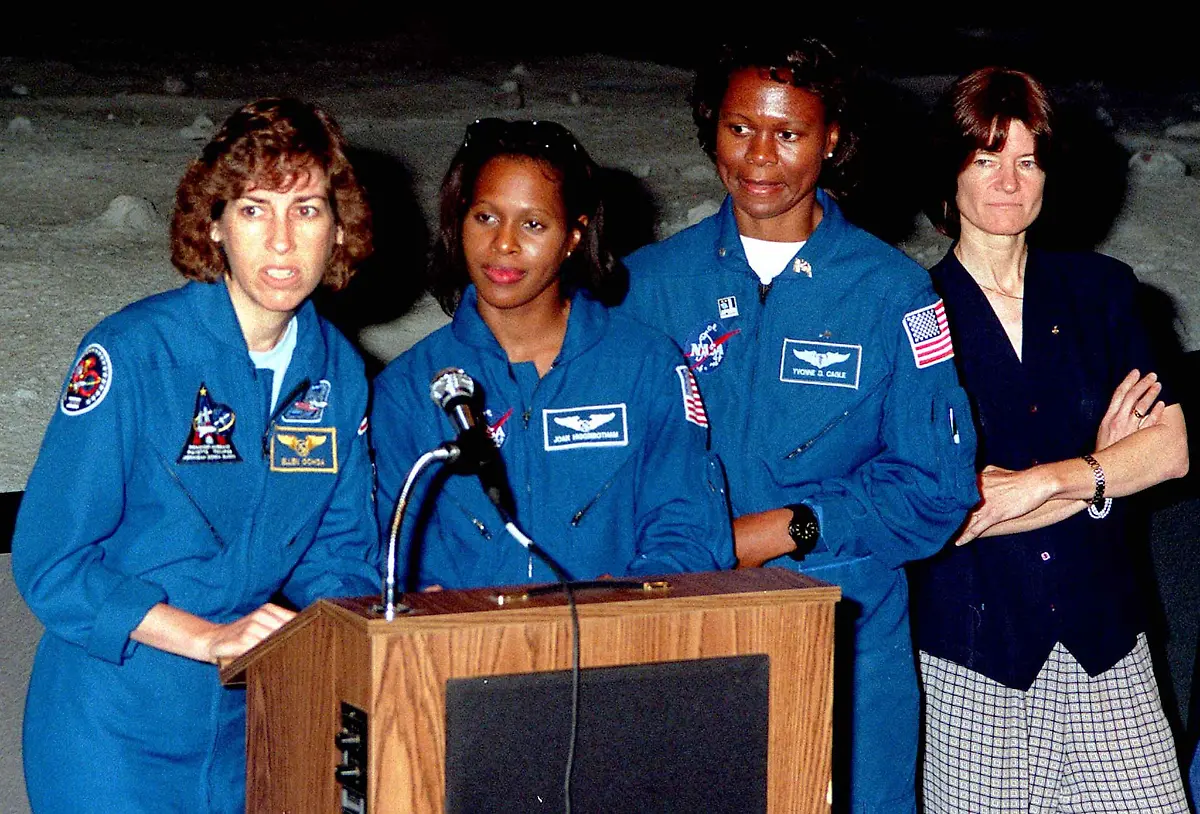 Astronauts-from-left-Ellen-Ochoa-Joan-Higgenbotham-Yvonne-Cagle-and-Sally-Ride-take-part-in-a-symposium-on-space-at-the-Kennedy-Space-Center-July-19-The-launch-of-the-space-shuttle-Columbia-was-later-scrubbed-because-of-high-hydrogen-readings-in-the-engine-compartment-Ride-was-the-first-American-woman-in-space-Eileen-Collins-is-the-first-female-commander-of-a-space-shuttle-with-Mission-STS-93-The-launch-has-been-rescheduled-for-July-22