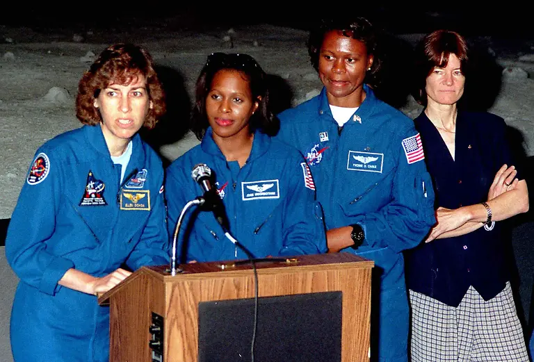 Astronauts-from-left-Ellen-Ochoa-Joan-Higgenbotham-Yvonne-Cagle-and-Sally-Ride-take-part-in-a-symposium-on-space-at-the-Kennedy-Space-Center-July-19-The-launch-of-the-space-shuttle-Columbia-was-later-scrubbed-because-of-high-hydrogen-readings-in-the-engine-compartment-Ride-was-the-first-American-woman-in-space-Eileen-Collins-is-the-first-female-commander-of-a-space-shuttle-with-Mission-STS-93-The-launch-has-been-rescheduled-for-July-22