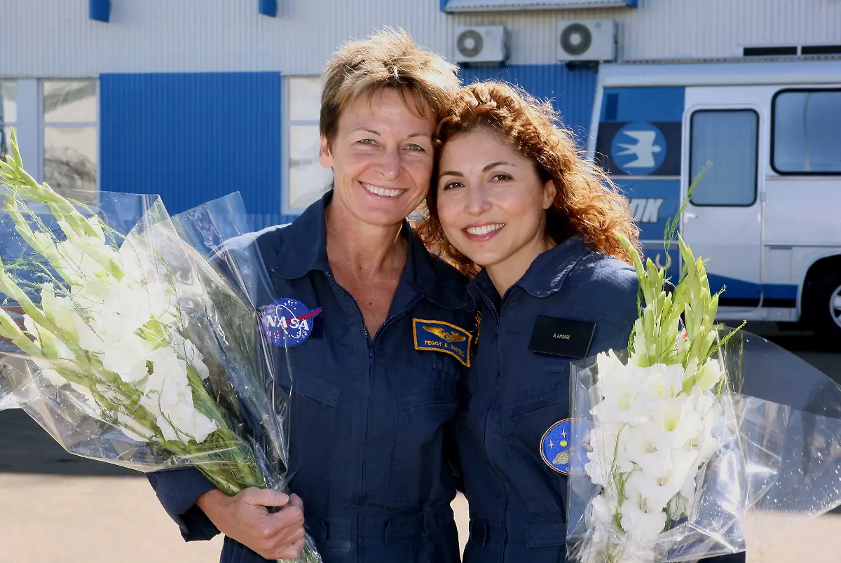 U-S-entrepreneur-Anousheh-Ansari-R-and-backup-astronaut-Peggy-Whitson-pose-for-a-picture-at-the-Baikonur-cosmodrome-in-Kazakhstan-September-13-2006-The-Soyuz-space-rocket-is-to-lift-off-from-the-Baikonur-Cosmodrome-to-the-International-Space-Station-on-September-18