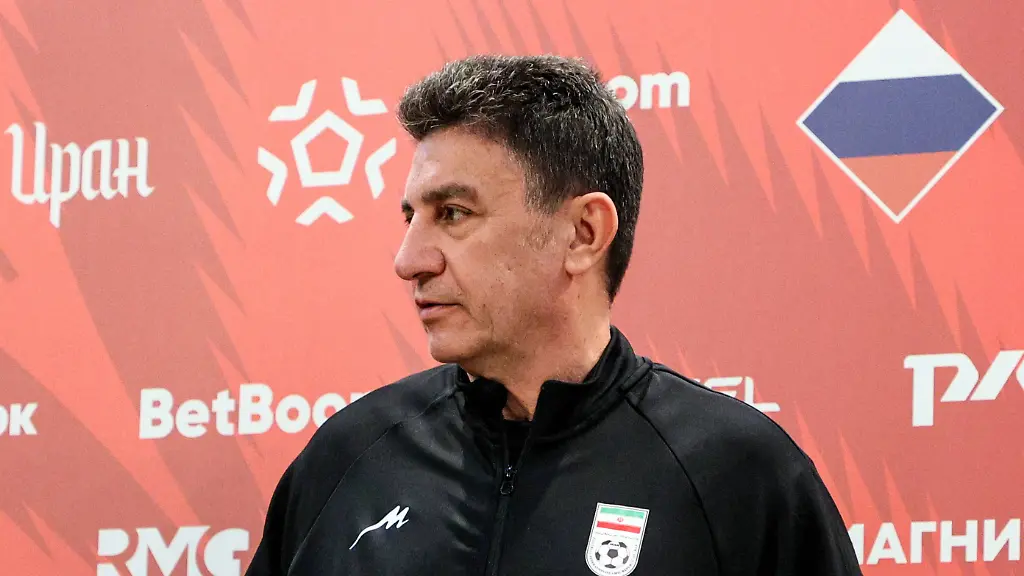 RUSSIA-VOLGOGRAD-OCTOBER-9-2025-Head-coach-Amir-Ghalenoei-of-the-Iranian-men-s-national-football-team-is-seen-during-a-press-conference-PK-Pressekonferenz-after-a-training-session-at-Volgograd-Arena-Russia-and-Iran-are-to-play-a-friendly-football-match-at-Volgograd-Arena-on-10-October-2025