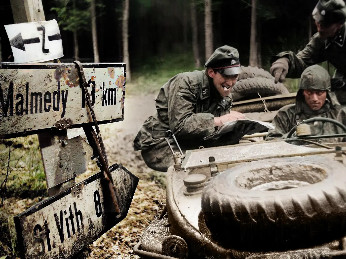 World-War-II-Battle-of-the-Bulge-Ardennes-Offensive-last-major-German-offensive-campaign-on-the-Western-Front-December-1944-January-1945-Three-German-soldiers-sitting-inside-a-military-vehicle-looking-at-a-map-while-at-the-Kaiserbaracke-crossroads-in-Belgium-From-a-group-of-captured-German-photographs-Photo-ca-1944