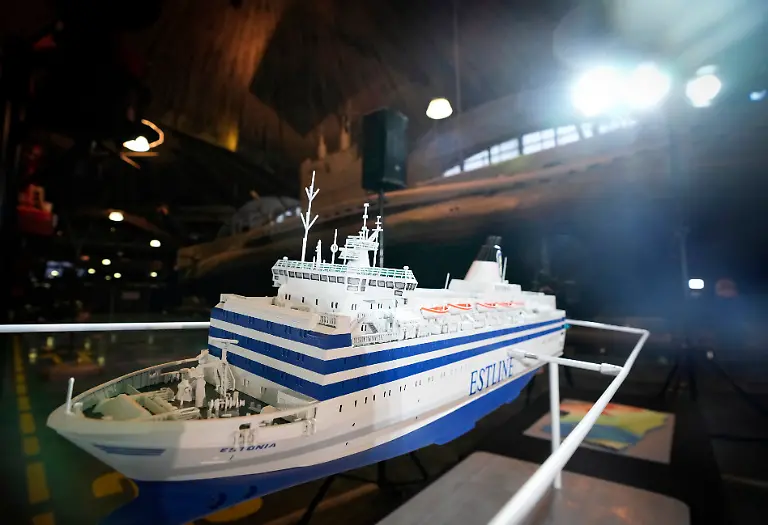 Physical-model-of-FM-Estonia-is-presented-during-a-news-conference-at-the-Maritime-Museum-in-Tallinn-Estonia-Monday-Jan-23-2023-There-is-no-indication-that-there-was-a-collision-or-an-explosion-on-the-ferry-that-sank-more-than-28-years-ago-in-the-Baltic-Sea-in-one-of-Europe-s-deadliest-peacetime-maritime-disasters-The-Estonian-Finnish-and-Swedish-accident-investigation-boards-didn-t-provide-new-evidence-contradicting-the-1997-official-accident-investigation-report