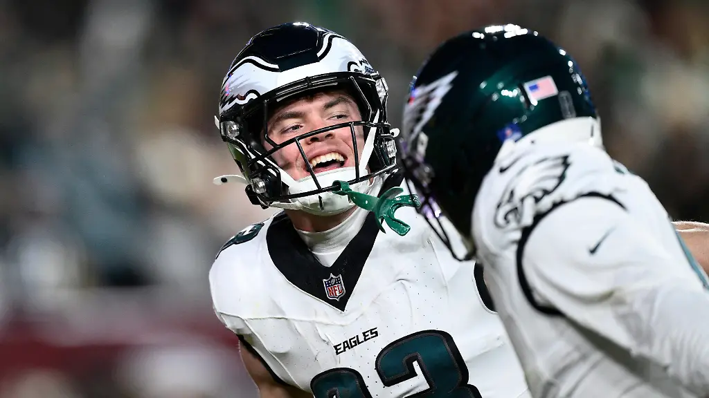 Philadelphia-Eagles-cornerback-Cooper-Dejean-33-celebrates-after-an-interception-against-the-Washington-Commanders-during-the-second-half-of-an-NFL-football-game-Saturday-Dec-20-2025-in-Landover-Md