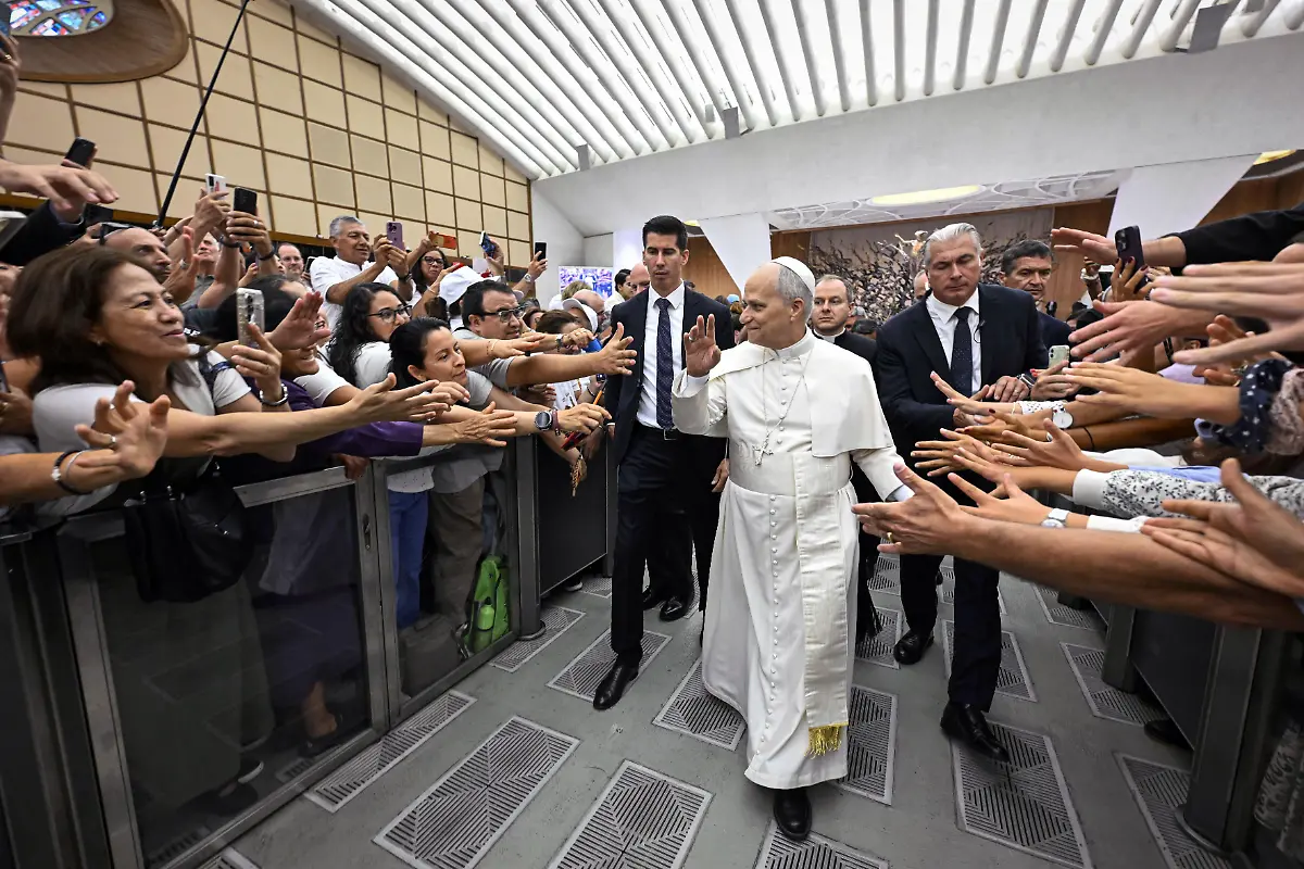 Pope-Leo-XIV-during-the-general-audience-in-Paul-VI-Hall-at-the-Vatican-on-2025-8-27-Photograph-by-VATICAN-MEDIA-CPP-HANS-LUCAS-Le-pape-Leon-XIV-lors-de-l-audience-generale-dans-la-salle-Paul-VI-au-Vatican-le-27-aout-2025-Photographie-de-VATICAN-MEDIA-CPP-HANS-LUCAS