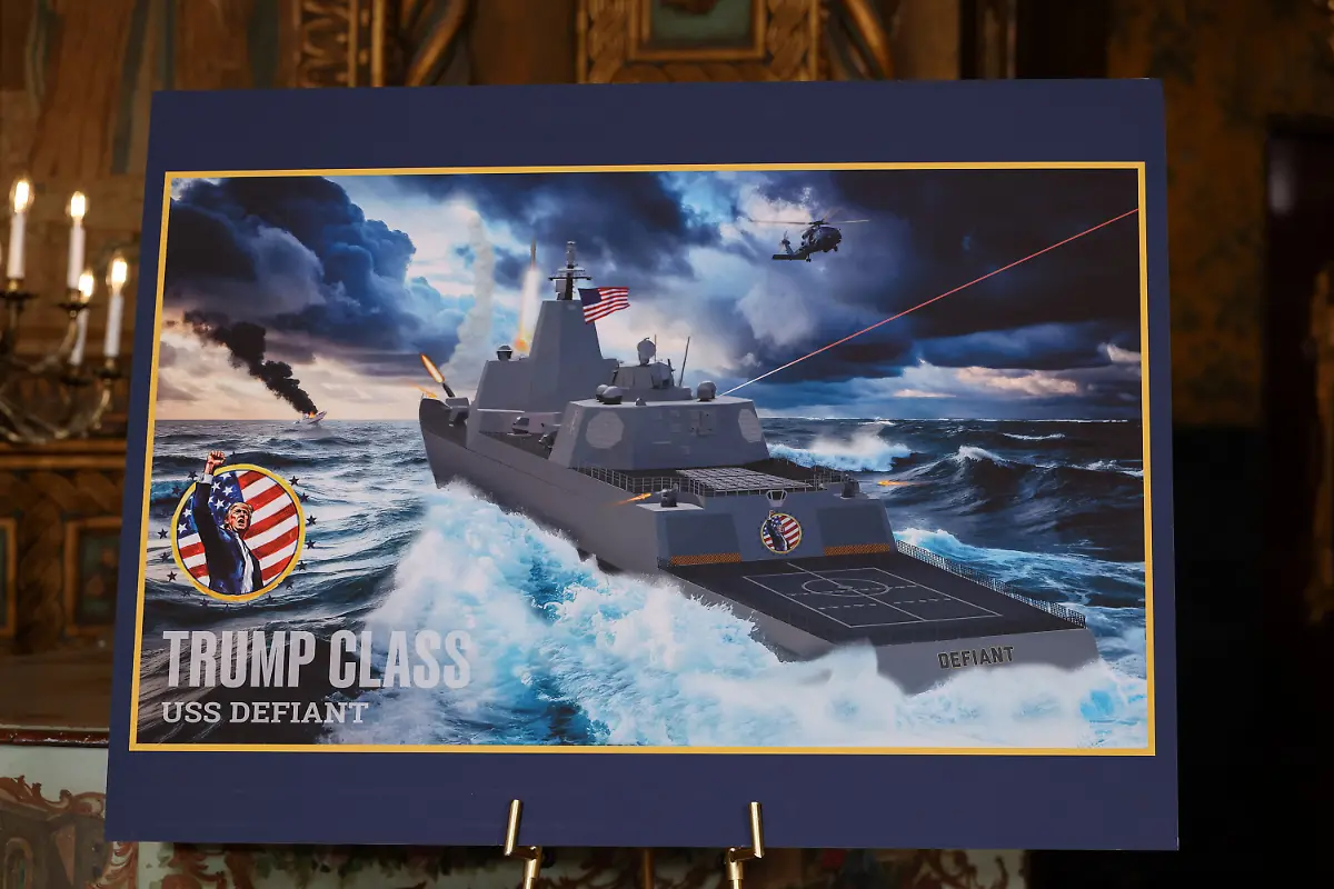 A-rendering-of-Trump-Class-USS-Defiant-is-displayed-on-the-day-U-S-President-Donald-Trump-makes-an-announcement-about-the-Navy-s-Golden-Fleet-at-Mar-a-lago-in-Palm-Beach-Florida-U-S-December-22-2025