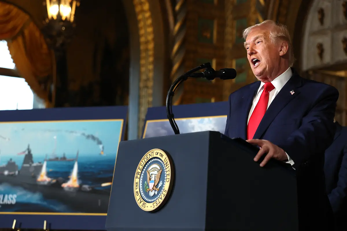 PALM-BEACH-FLORIDA-DECEMBER-22-U-S-President-Donald-Trump-announces-the-creation-of-the-Trump-class-battleship-during-a-statement-to-the-media-at-Trumps-Mar-a-Lago-estate-on-December-22-2025-in-Palm-Beach-Florida-Trump-announced-the-new-class-of-ship-will-become-the-centerpiece-of-his-Golden-Fleet-program-to-rebuild-and-strengthen-the-U-S-shipbuilding-industry