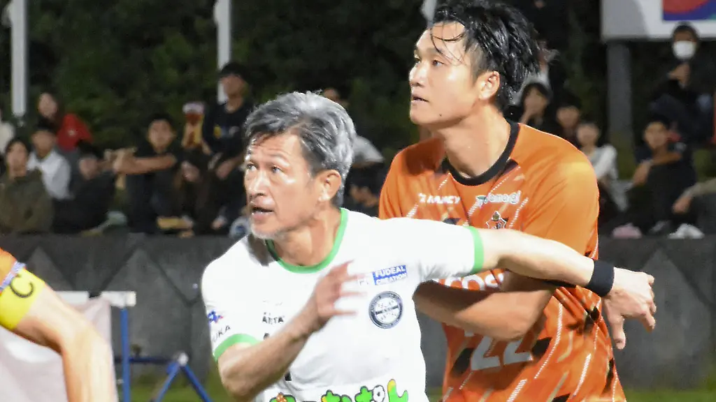 Former-Japan-forward-Kazuyoshi-Miura-front-plays-for-Atletico-Suzuka-in-the-second-half-of-a-fourth-tier-Japan-Football-League-match-against-Veertien-Mie-in-Toin-Mie-Prefecture-on-Oc-18-2025-beating-his-own-record-as-the-JFL-s-oldest-player-at-58-years-and-234-days