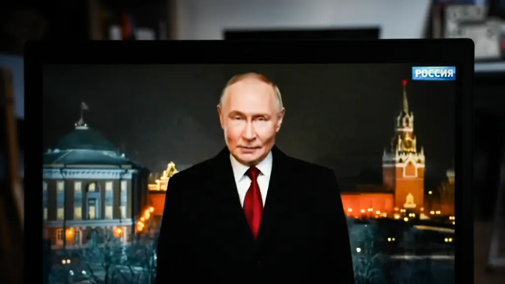 December-31-2025-Clermont-Ferrand-Auvergne-Rhone-Alpes-France-Russian-President-Vladimir-Putin-appears-in-a-video-addressing-the-Russian-people-during-his-traditional-New-Year-s-Eve-2026-televised-speech-in-Clermont-Ferrand-central-France-on-December-31-2025