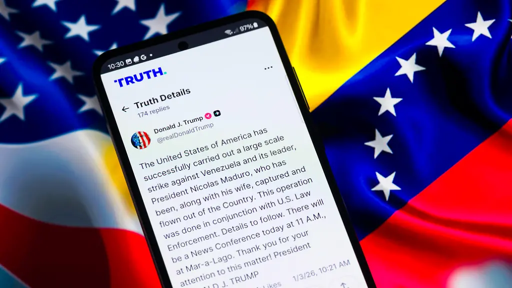 President-Donald-Trump-statement-posted-on-his-Truth-profile-Trump-says-US-has-captured-Venezuelan-President-Maduro-and-his-wife-in-large-scale-strike-in-this-photo-illustration-Taken-in-Brussels-Belgium-on-3-January-2026