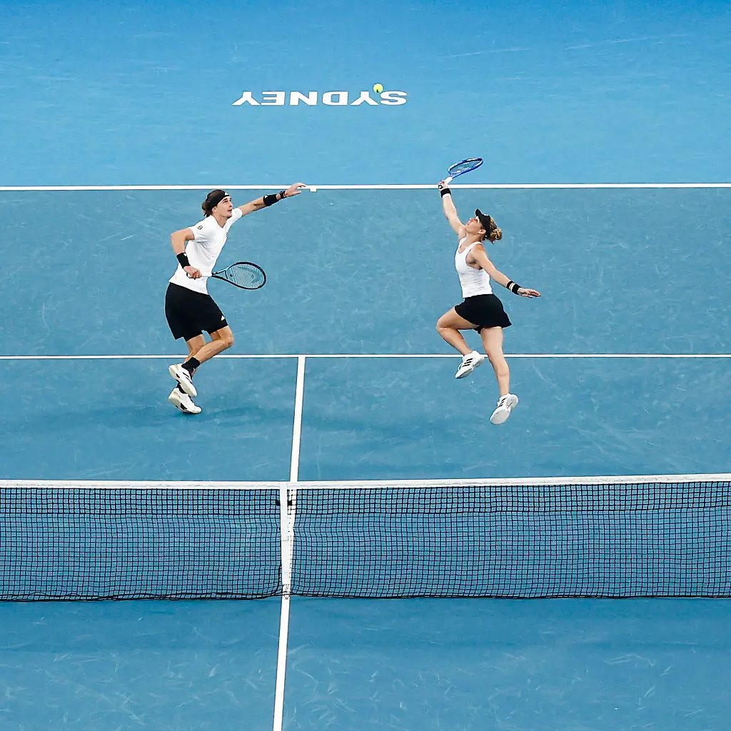 TENNIS-UNITED-CUP-SYDNEY-Alexander-Zverev-of-team-Germany-and-Laura-Siegemund-of-team-Gemany-play-a-shot-in-their-Group-F-doubles-match-against-Demi-Schuurs-of-Team-Netherlands-and-Tallon-Griekspoor-of-Team-Netherlands-during-day-three-of-the-2026-United-Cup-at-Ken-Rosewall-Arena-in-Sydney-Sunday-January-4-2026