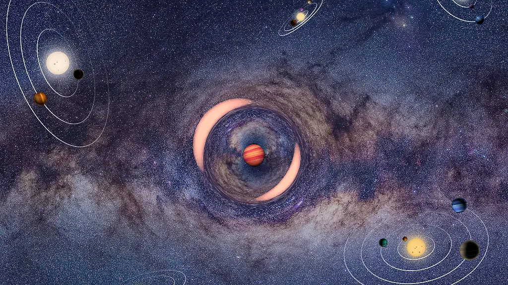 Eine-Illustration-zeigt-einen-frei-schwebenden-Planet-der-das-Licht-eines-hinter-ihm-liegenden-Sterns-ablenkt-aehnlich-wie-bei-einem-Brennglas