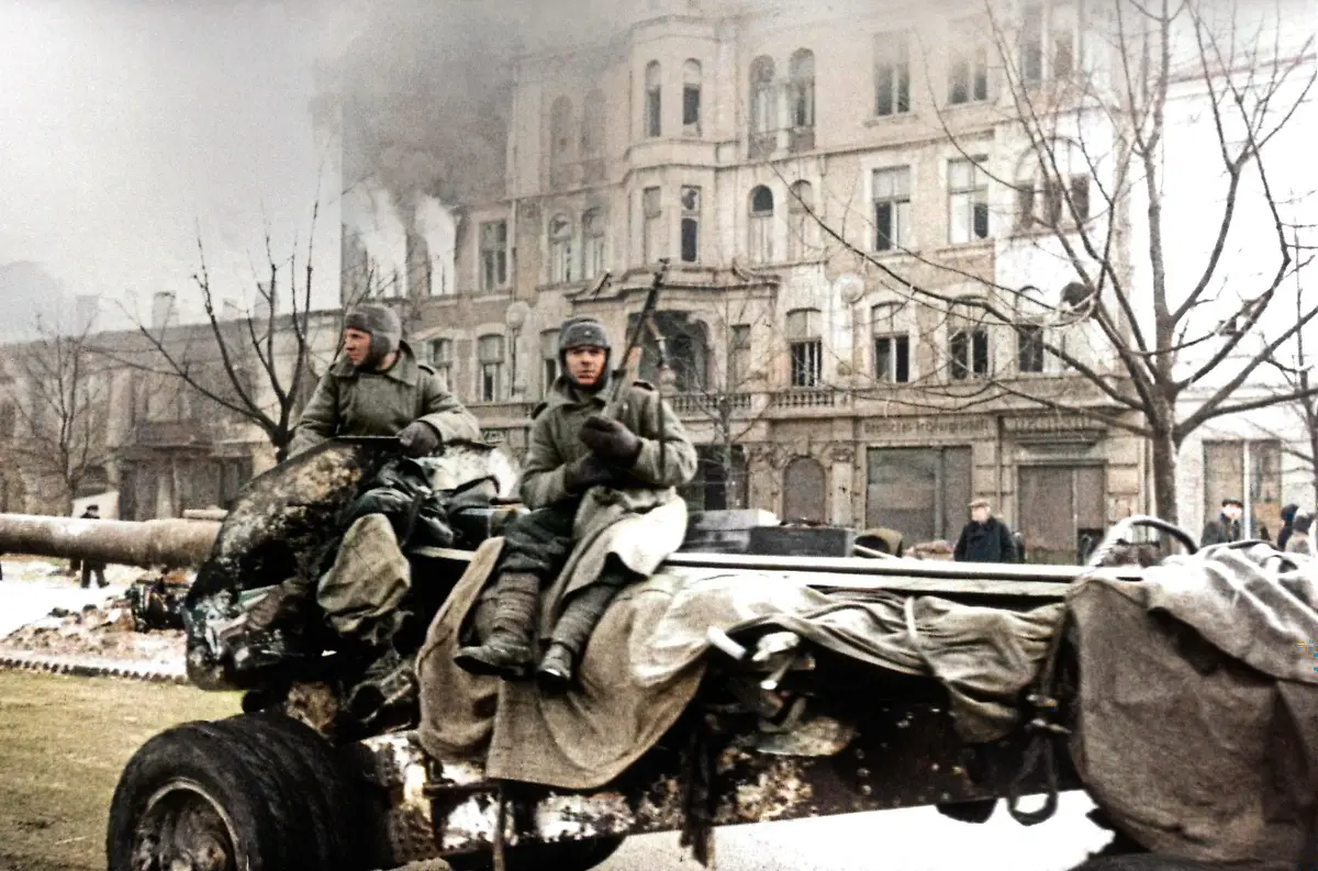 Czestochowa-Poland-Gunners-of-the-1st-Ukrainian-Front-of-the-Red-Army-stand-on-one-of-the-streets-of-the-city-liberated-from-the-Nazi-invaders-during-the-Second-World-War-AI-Colourised-from-original-ID-10540195