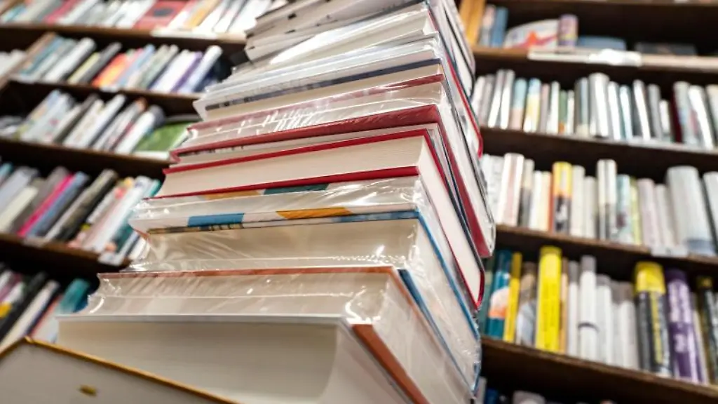 Stapel-mit-Buechern-liegt-in-einer-Buchhandlung