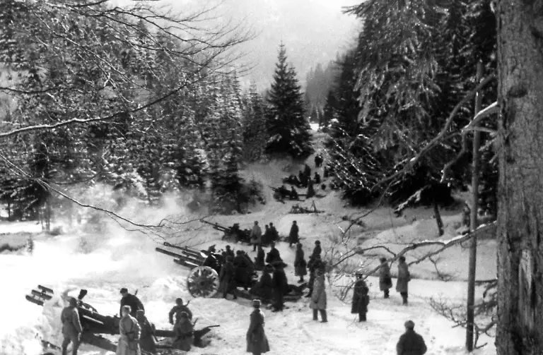 Czechoslovakia-January-1945-Battery-of-senior-Lieutenant-Alexander-Kuznetsov-stand-at-the-firing-position-in-the-Carpathian-Mountains-during-the-Western-Carpathian-strategic-operation-of-the-Soviet-forces-in-the-Second-World-War-The-exact-date-of-the-photograph-is-unknown-The-highest-quality-available