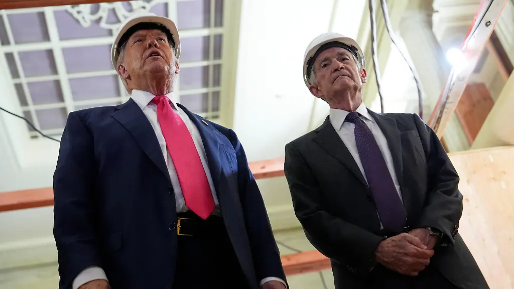 President-Donald-Trump-speaks-as-Federal-Reserve-Chairman-Jerome-Powell-listens-during-a-visit-to-the-Federal-Reserve-Thursday-July-24-2025-in-Washington