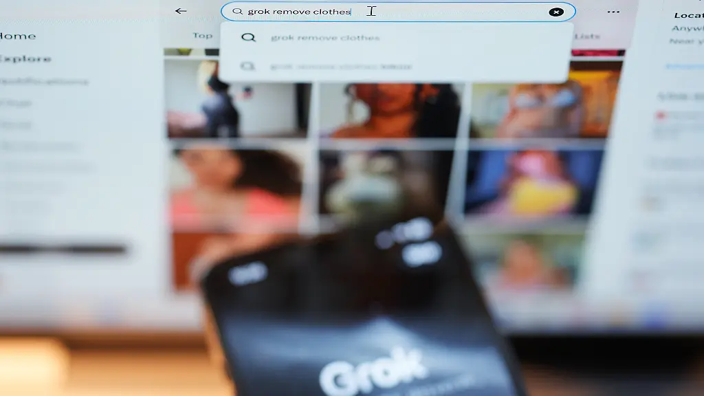 Deepfake-concerns-The-Grok-app-on-an-iPhone-against-the-backdrop-of-search-results-displayed-on-the-social-media-platform-X-formerly-Twitter-on-a-laptop-in-London-The-Prime-Minister-has-said-X-need-to-get-their-act-together-amid-concerns-about-the-creation-of-sexualised-images-of-adults-and-children-by-AI-embedded-on-the-social-media-site-Sir-Keir-Starmer-said-he-backed-Ofcom-which-is-looking-into-X-and-xAI-the-firm-founded-by-Elon-Musk-which-created-Grok-to-take-action-against-the-site-and-that-he-had-asked-for-all-options-to-be-on-the-table-It-comes-as-a-former-minister-urged-the-Government-and-the-Labour-Party-to-stop-using-the-site-entirely-Users-of-X-appear-to-have-prompted-its-artificial-intelligence-Grok-which-is-integrated-into-the-platform-to-generate-deepfake-images-of-children-in-minimal-clothing-Picture-date-Thursday-January-8-2026