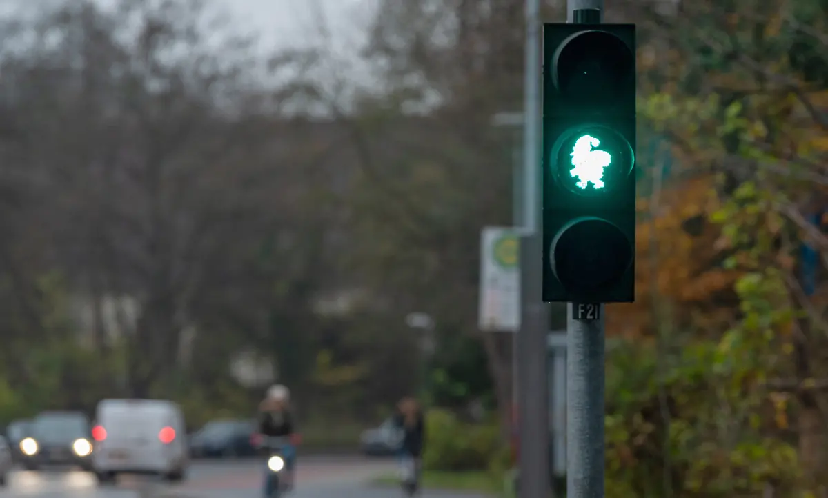 Eine-Fussgaengerampel-steht-mit-einem-Abbild-des-Weihnachtsmannes-als-Ampelmaennchen-Die-Stadt-Lueneburg-hat-an-einer-Fussgaengerampel-das-Ampelmaennchen-auf-Weihnachten-getrimmt