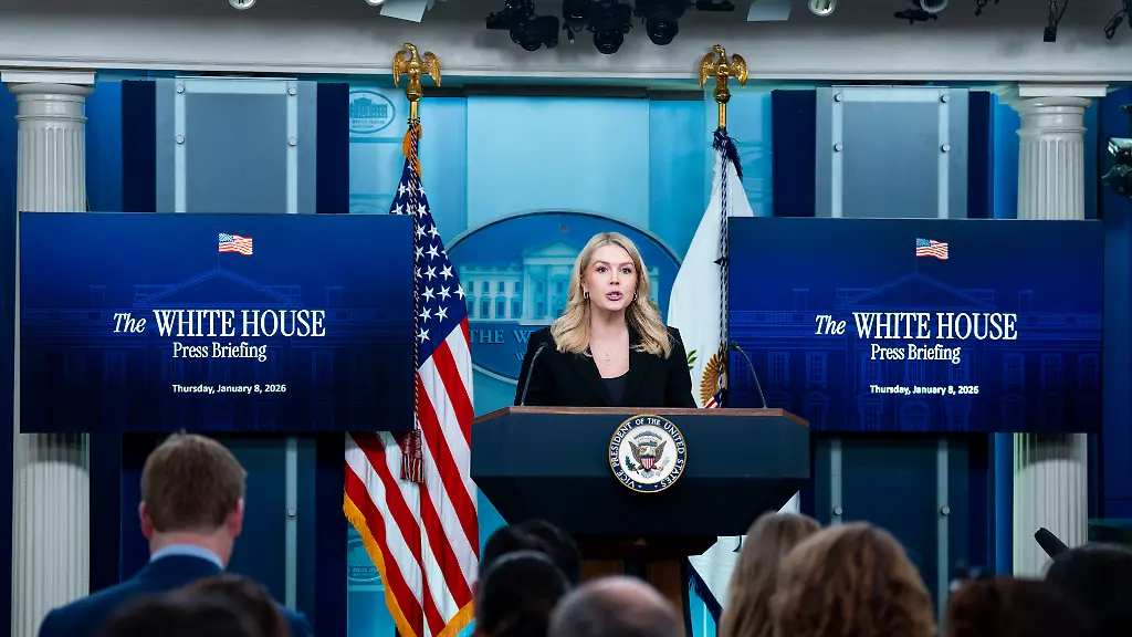 White-House-Press-Secretary-Karoline-Leavitt-speaks-during-a-press-briefing-in-the-James-S-Brady-Press-Briefing-Room-of-the-White-House-in-Washington-DC-USA-on-Thursday-January-8-2026