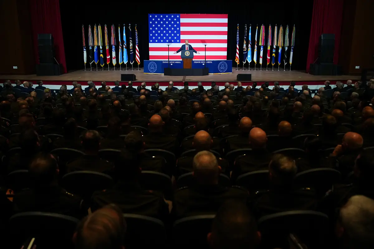 President-Donald-Trump-speaks-to-a-gathering-of-top-U-S-military-commanders-at-Marine-Corps-Base-Quantico-Tuesday-Sept-30-2025-in-Quantico-Va