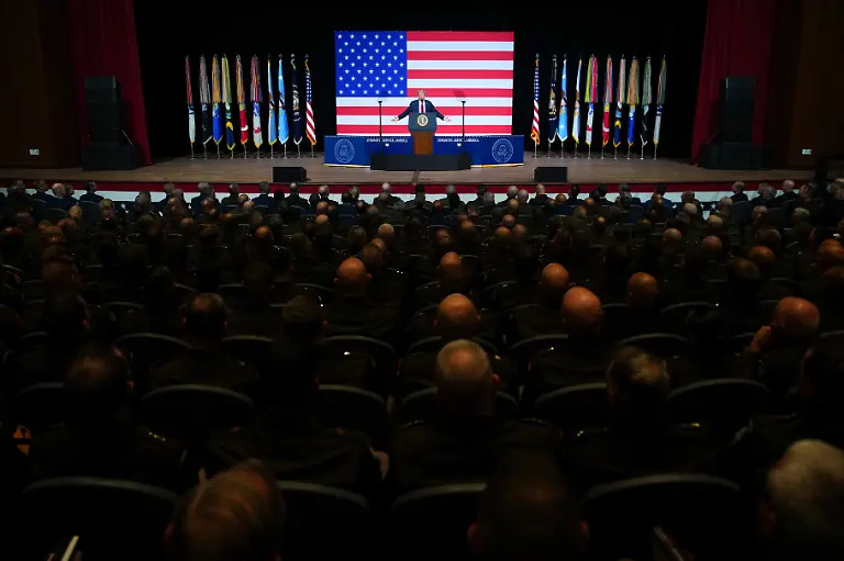 President-Donald-Trump-speaks-to-a-gathering-of-top-U-S-military-commanders-at-Marine-Corps-Base-Quantico-Tuesday-Sept-30-2025-in-Quantico-Va
